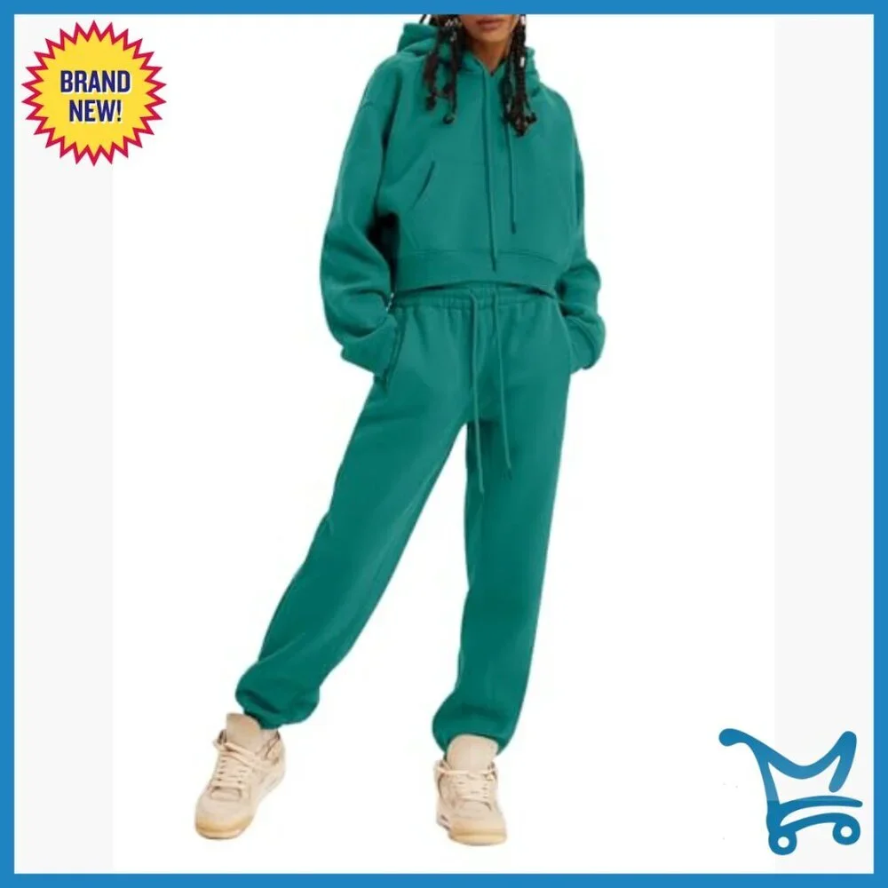 Fleece Jogger Set Crop Top Hoodie High Waist Pants Activewear